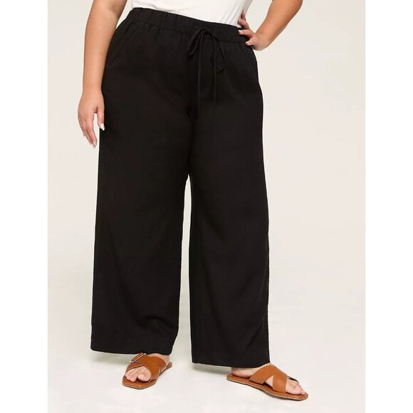 Lane Bryant Plus Size 22 Linen Blend Wide Leg Pants Black Pull On Elastic Waist - Picture 1 of 12